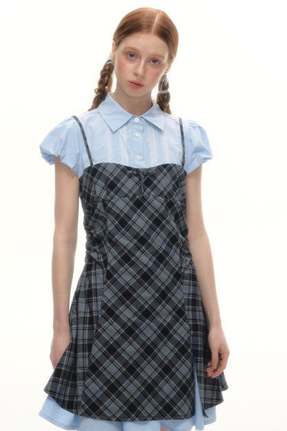 Plaid Bubble Sleeve Dress