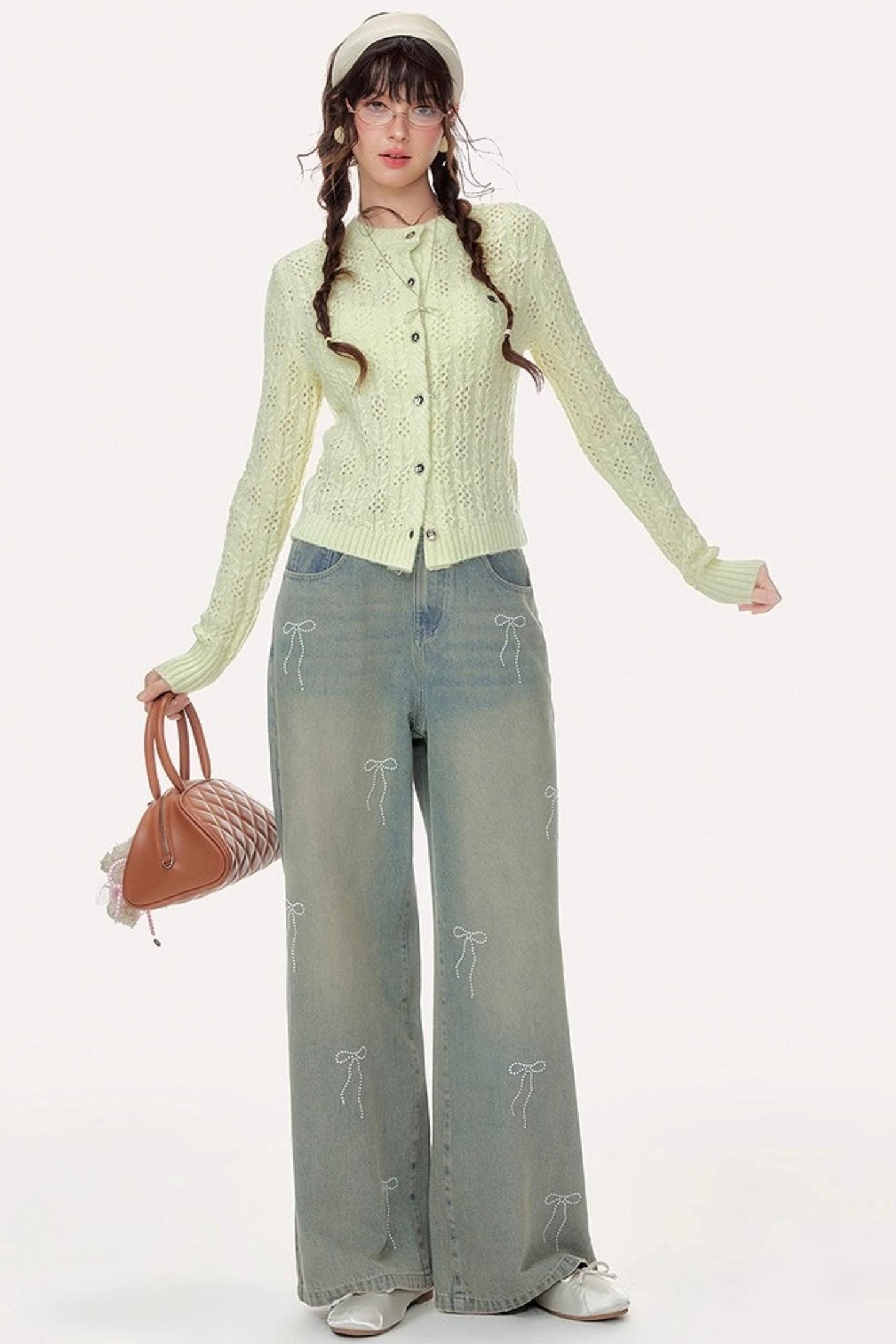 Vintage High-Waisted Diamond Bow Straight Pants