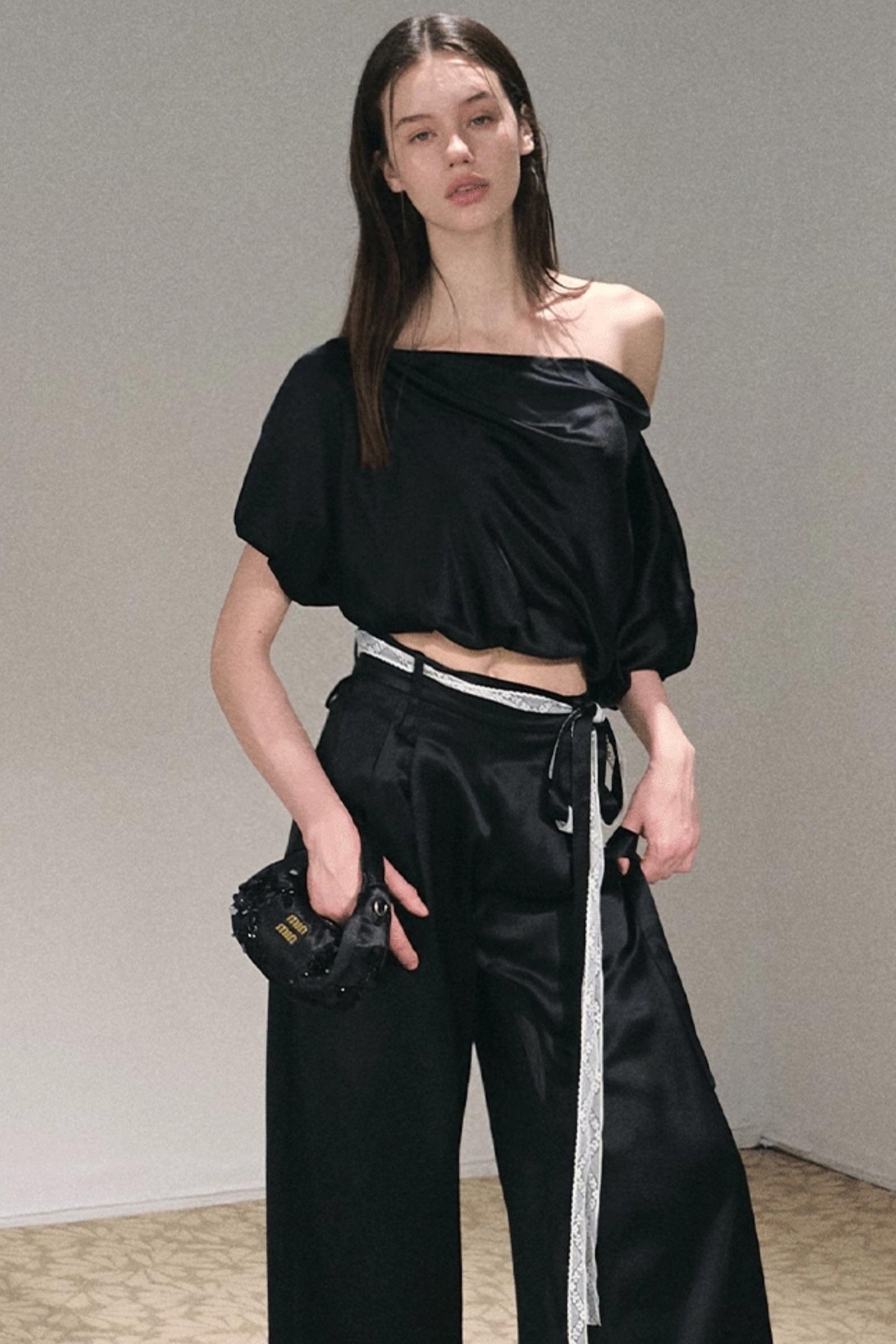 Acetate Bud Slanted Shoulder Top & Pants Set-Up