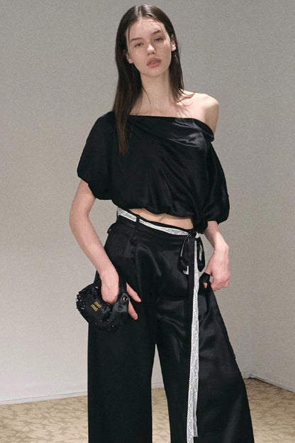 Acetate Bud Slanted Shoulder Top & Pants Set-Up