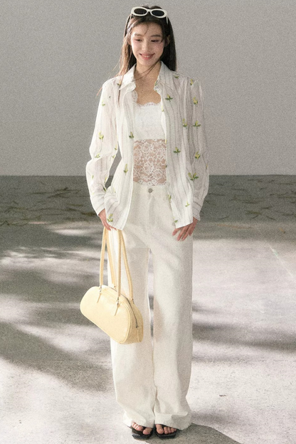 Striped Floral Sunscreen Shirt Set-Up