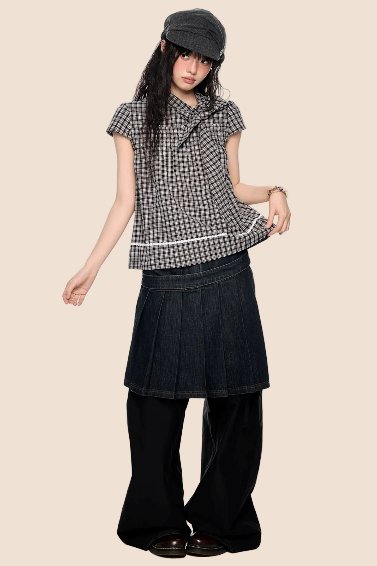 Top color-block con fiocco a quadri