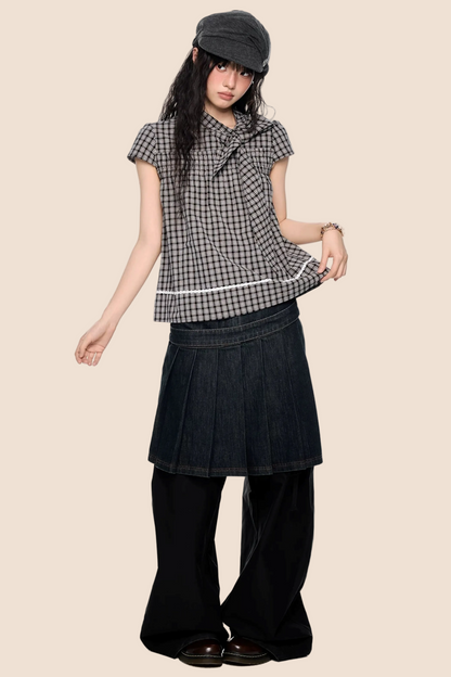Top color-block con fiocco a quadri