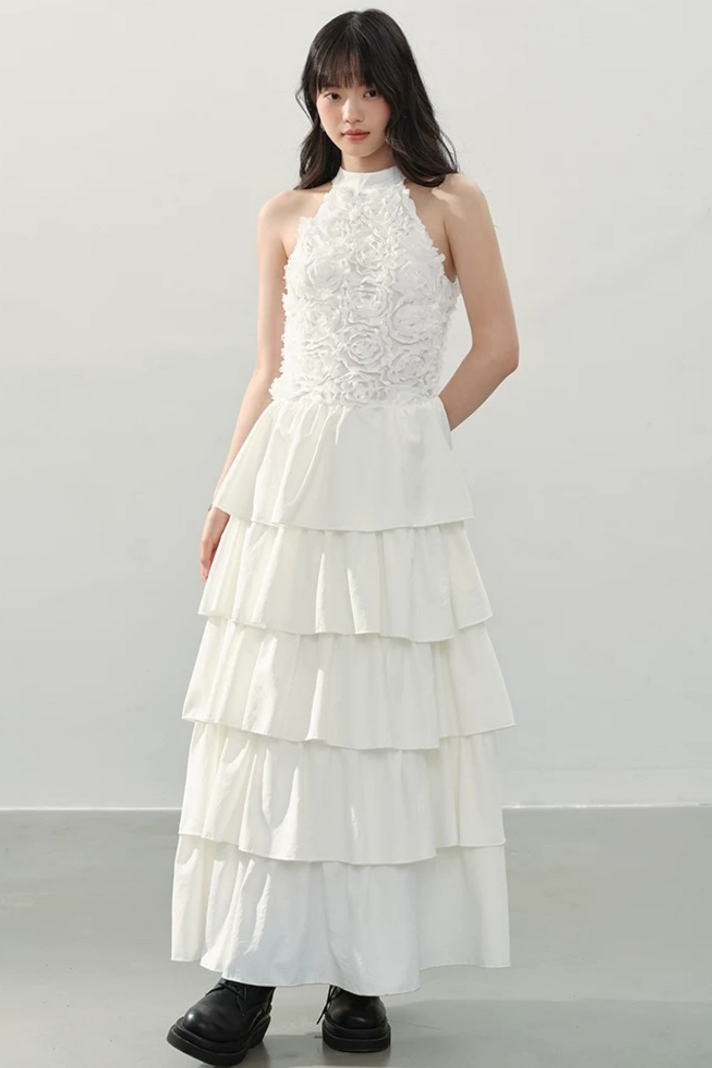 White Halter Floral Dress