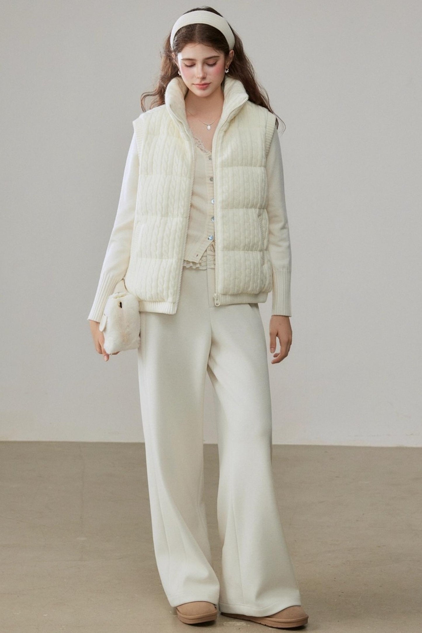 Warm White Stand Collar Vest Jacket