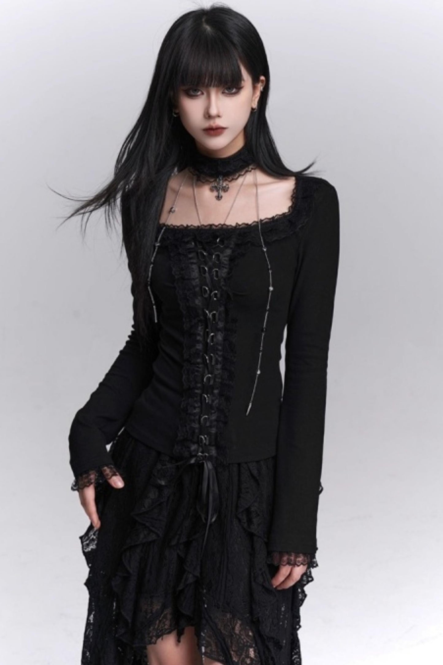 Gothic Black Slim Long Sleeve Top