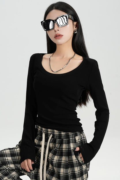 SRYSAME back open waist design sense round neck long sleeve T-shirt base layer with black top under the new autumn women's wear