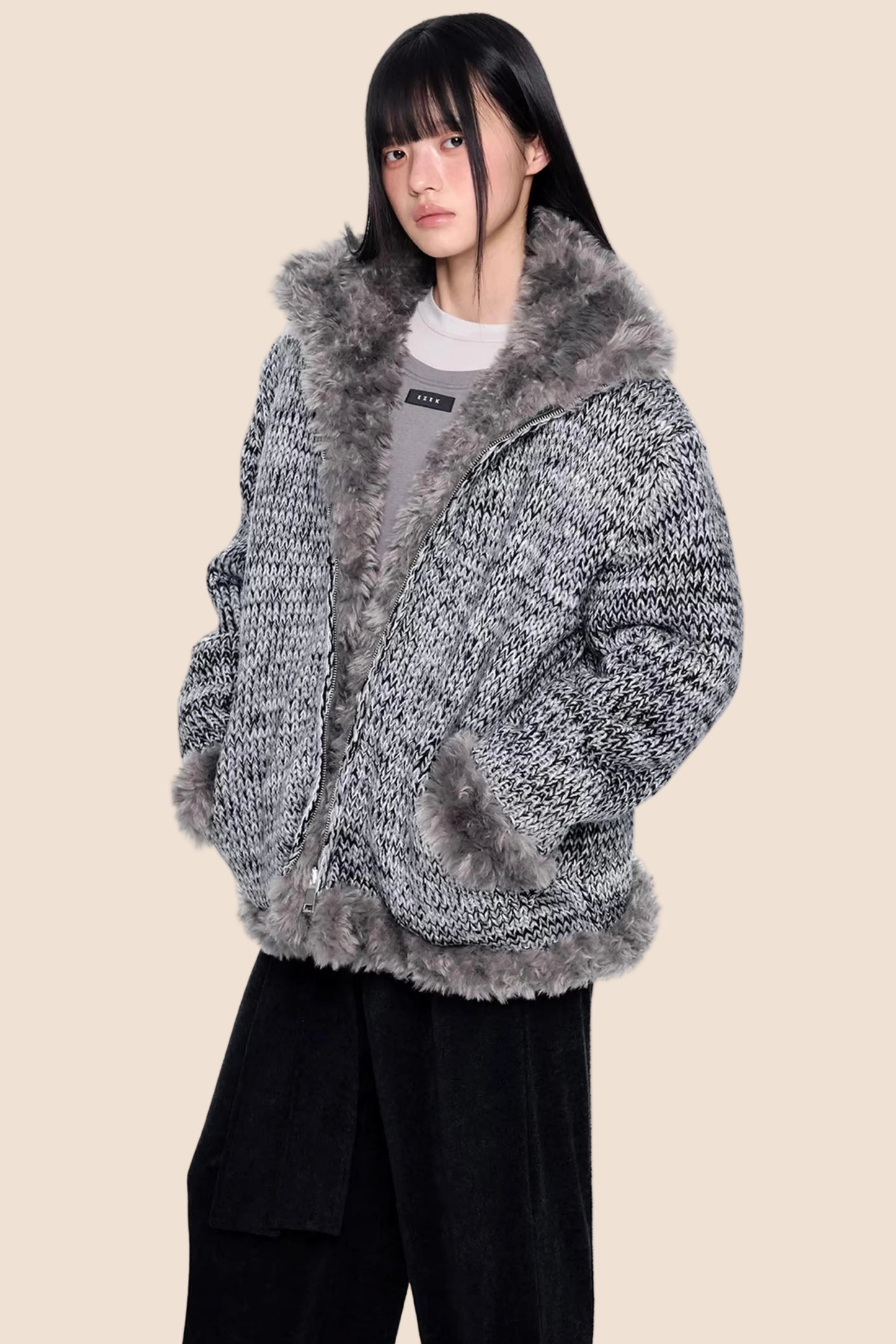 Fur Collar Knitted Reversible Jacket