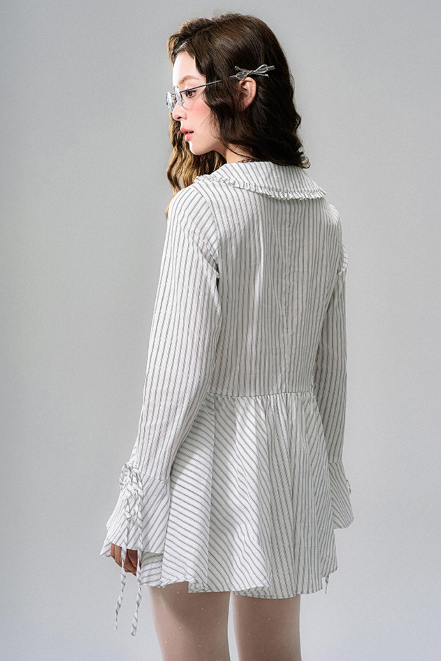 Striped Lace Bow Tie Long Sleeve Dress