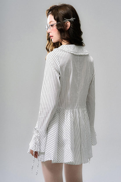 Striped Lace Bow Tie Long Sleeve Dress