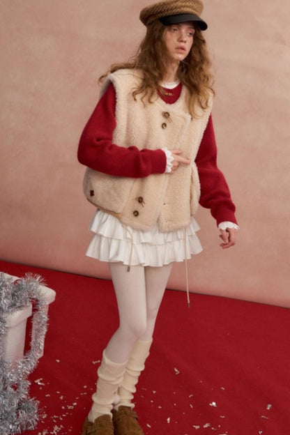 Buttoned Lamb Wool Reversible Vest
