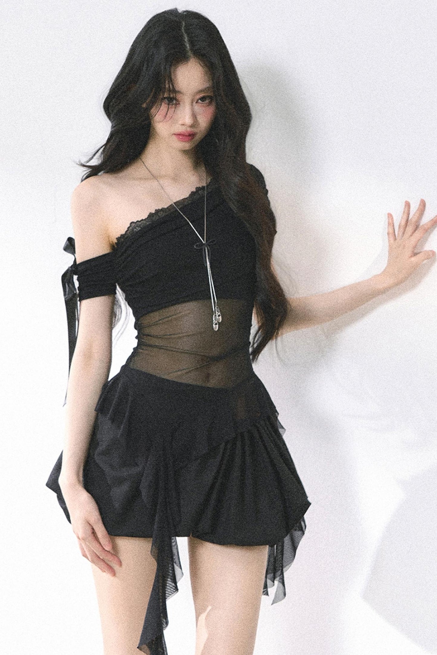 Sheer Mesh Off Shoulder T-Shirt