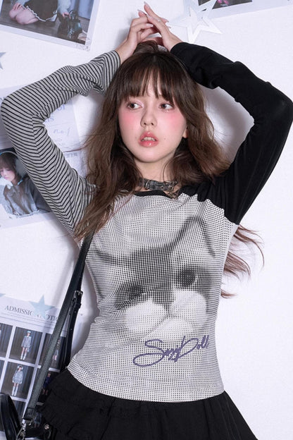 Slim Fit Cat Print Color-Block Top