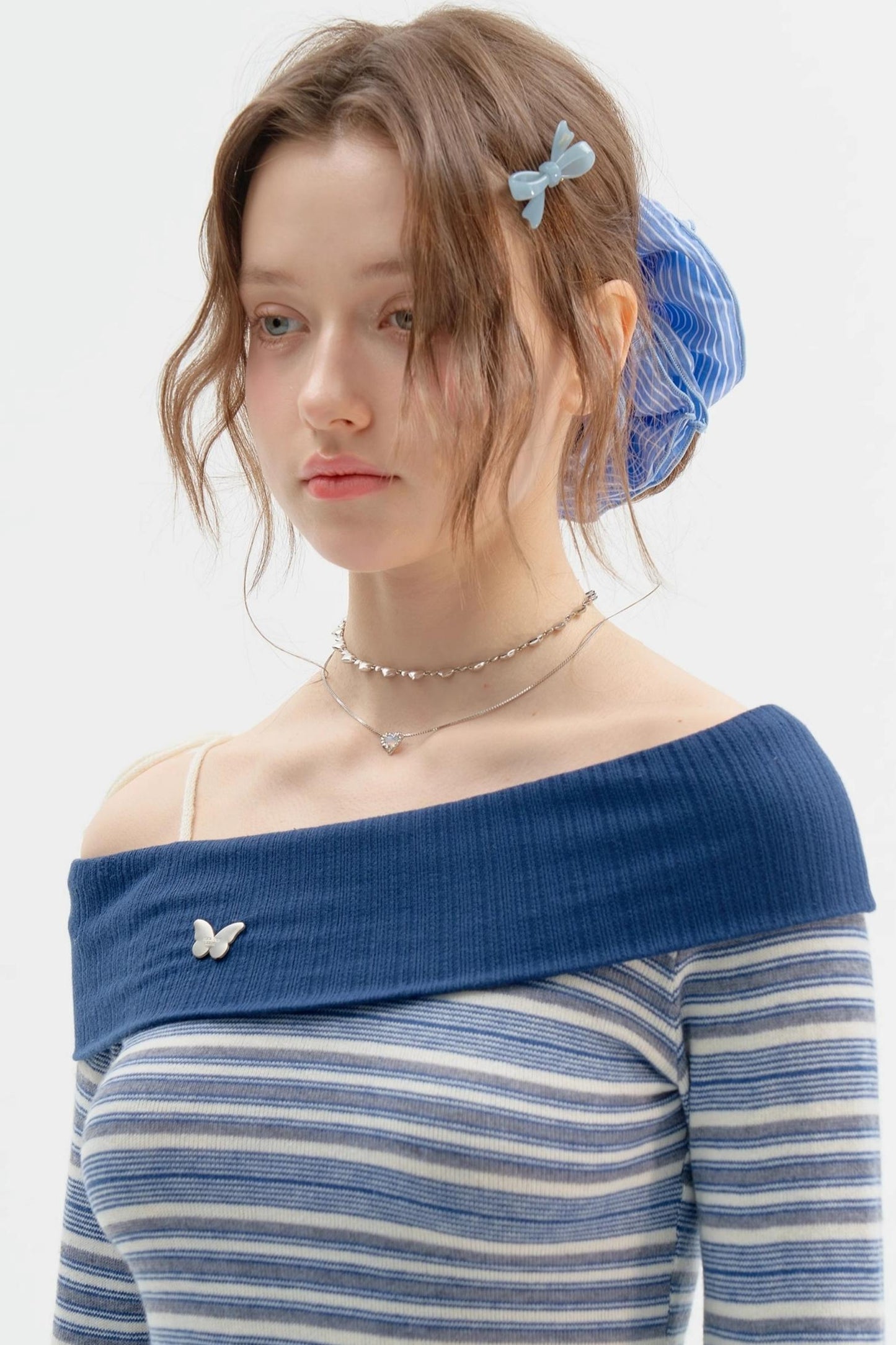 Dark Blue Stripe One-Shoulder Shirt