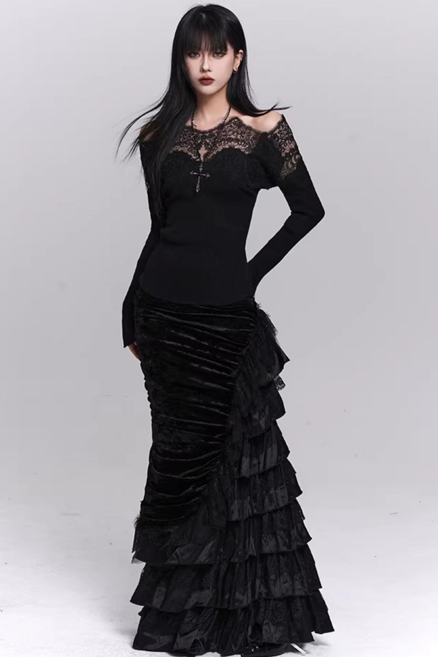 Black Velvet Fishtail Skirt