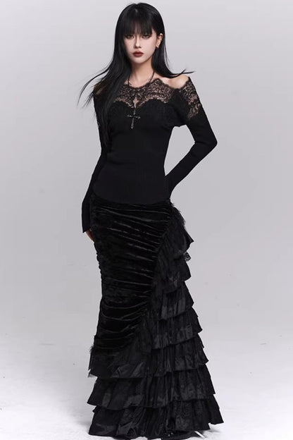 Black Velvet Fishtail Skirt