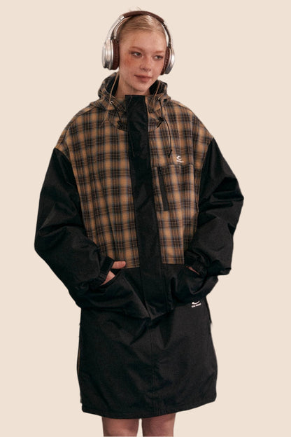 Retro Plaid Stitching Hooded Jacket Set-Up