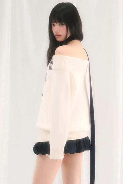 Letter Knit One-Shoulder Sweater