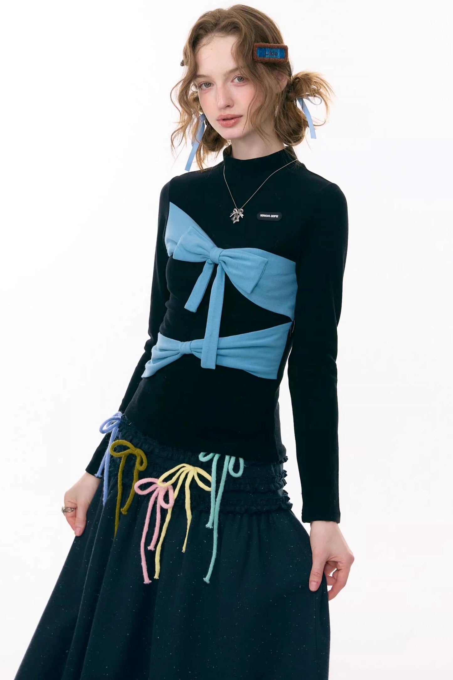 Retro Contrast Bow Knit Top