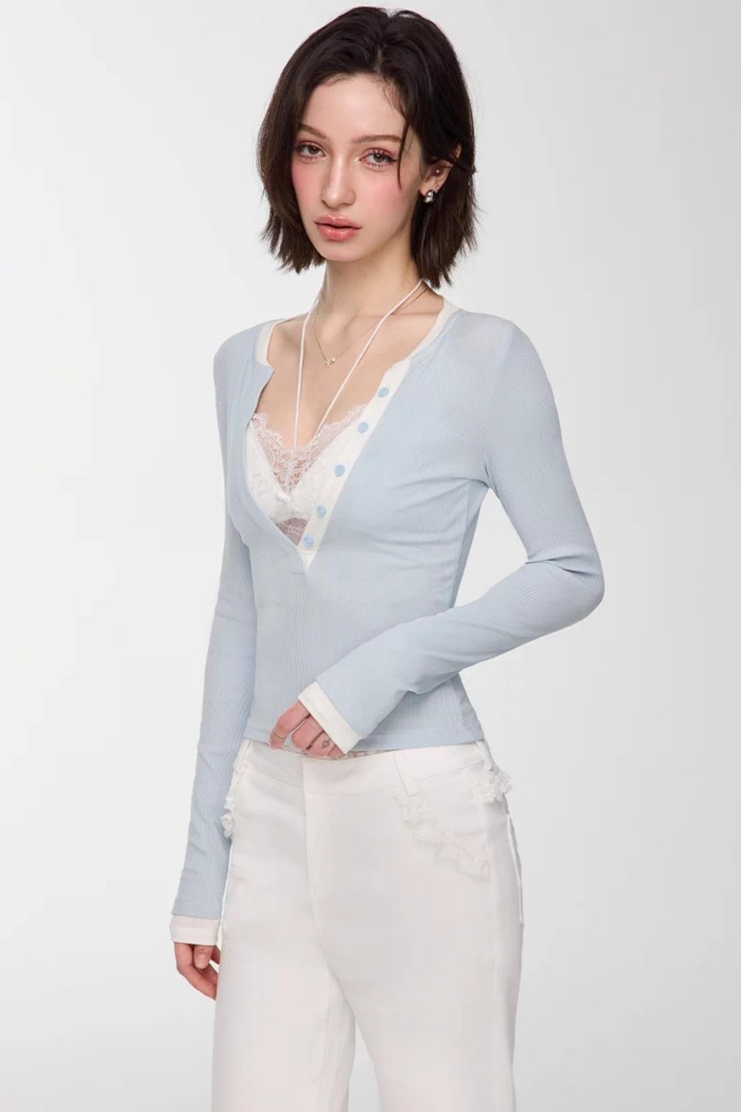 Color-Blocked Deep V-Neck Top Set-Up