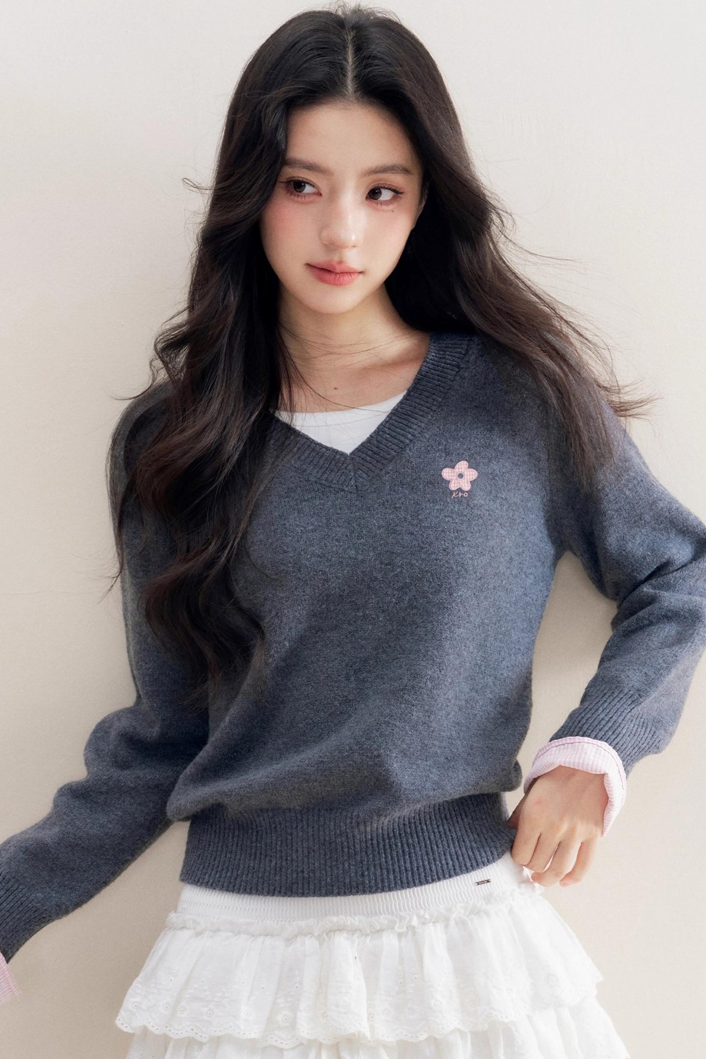 Romantic Check Wool-Blend V-Neck Sweater