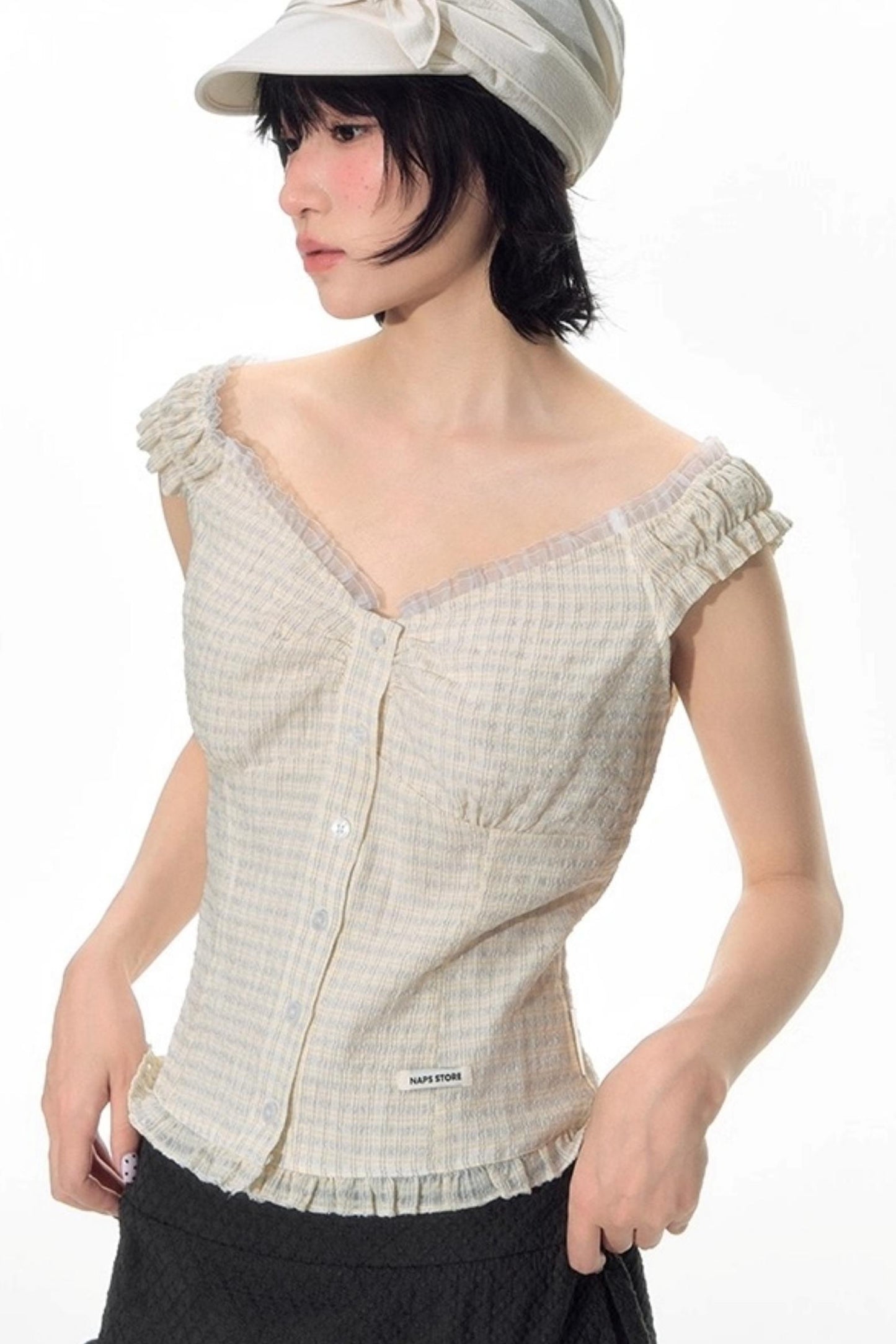 Checked Sleeveless One-Shoulder Shirt Set-Up