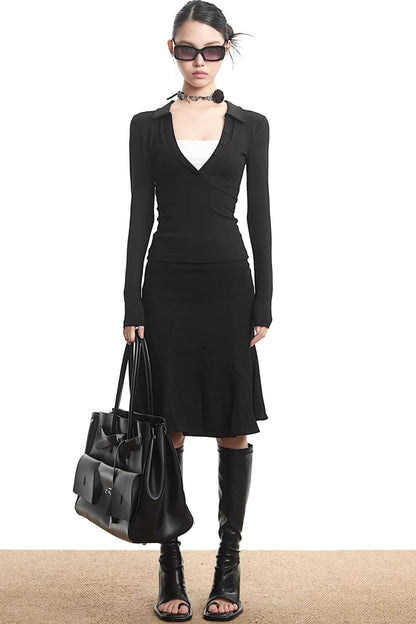 Black Pleated Fishtail Skirt