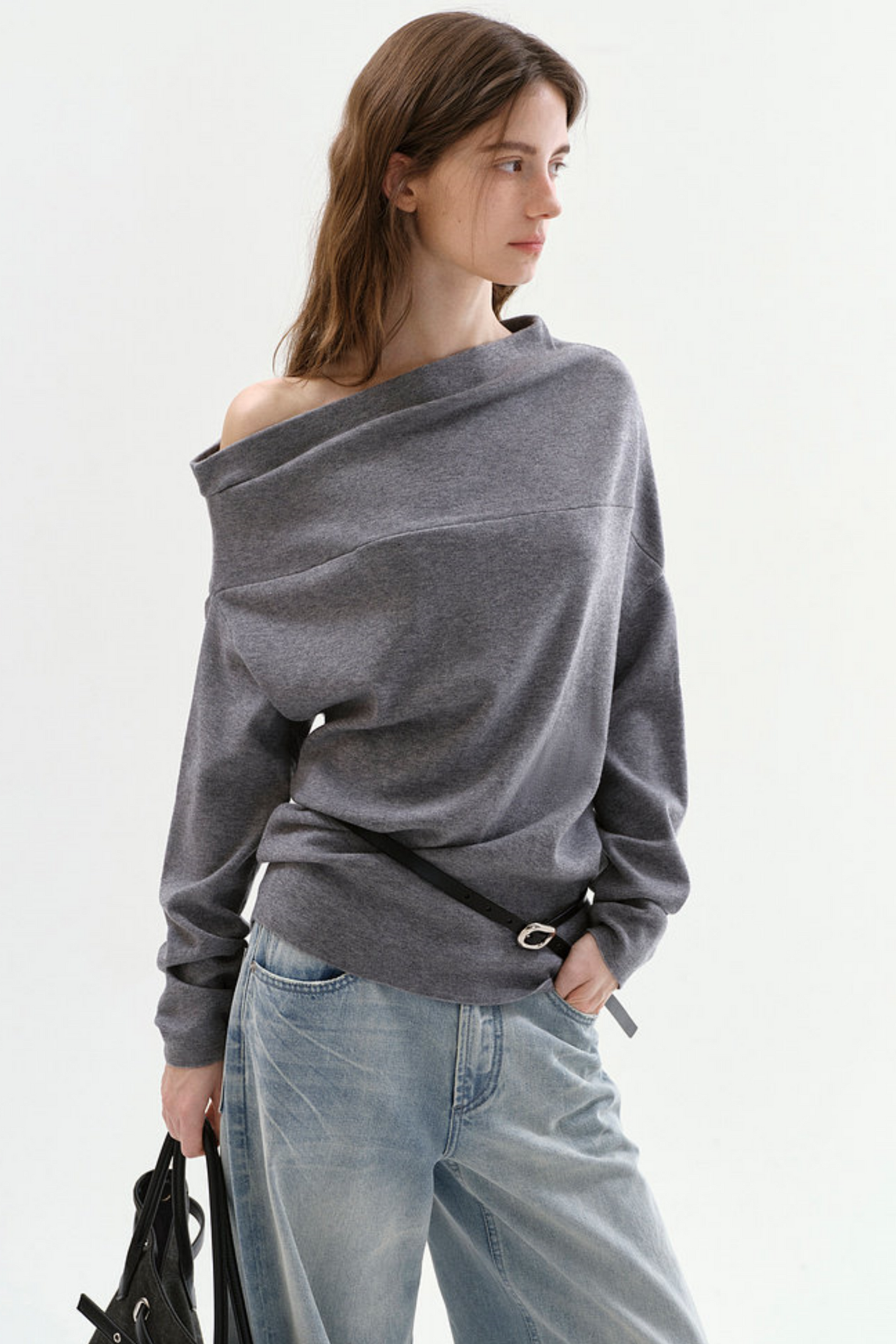 Pleated Off-Shoulder Knit Sweater