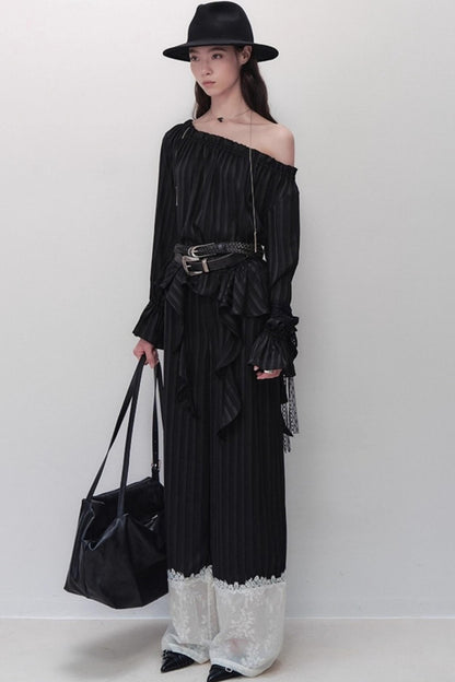 Flowing Tencel Embroidered Striped Straight-leg Pants