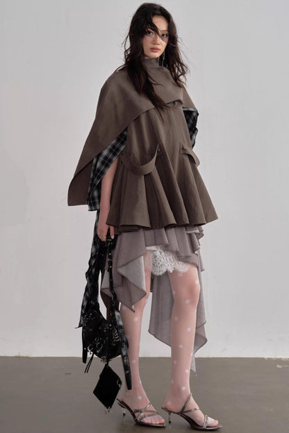 Earth-Toned Detachable Cape Dress