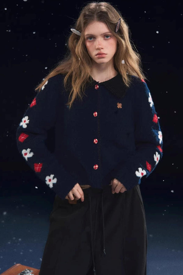 Retro Floral Jacquard Lapel Cardigan