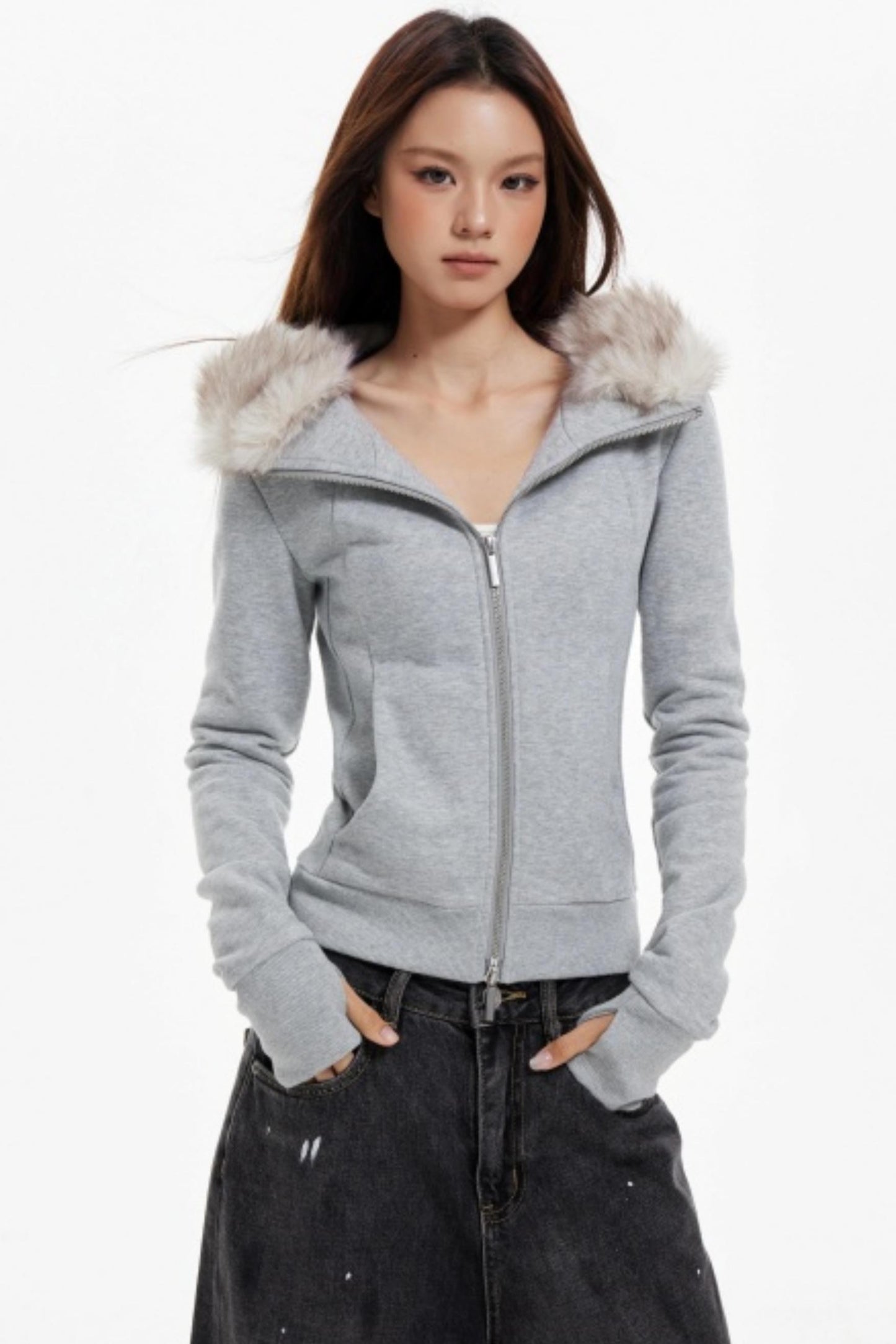 Fur Collar Slim Cotton Hooded Jacket