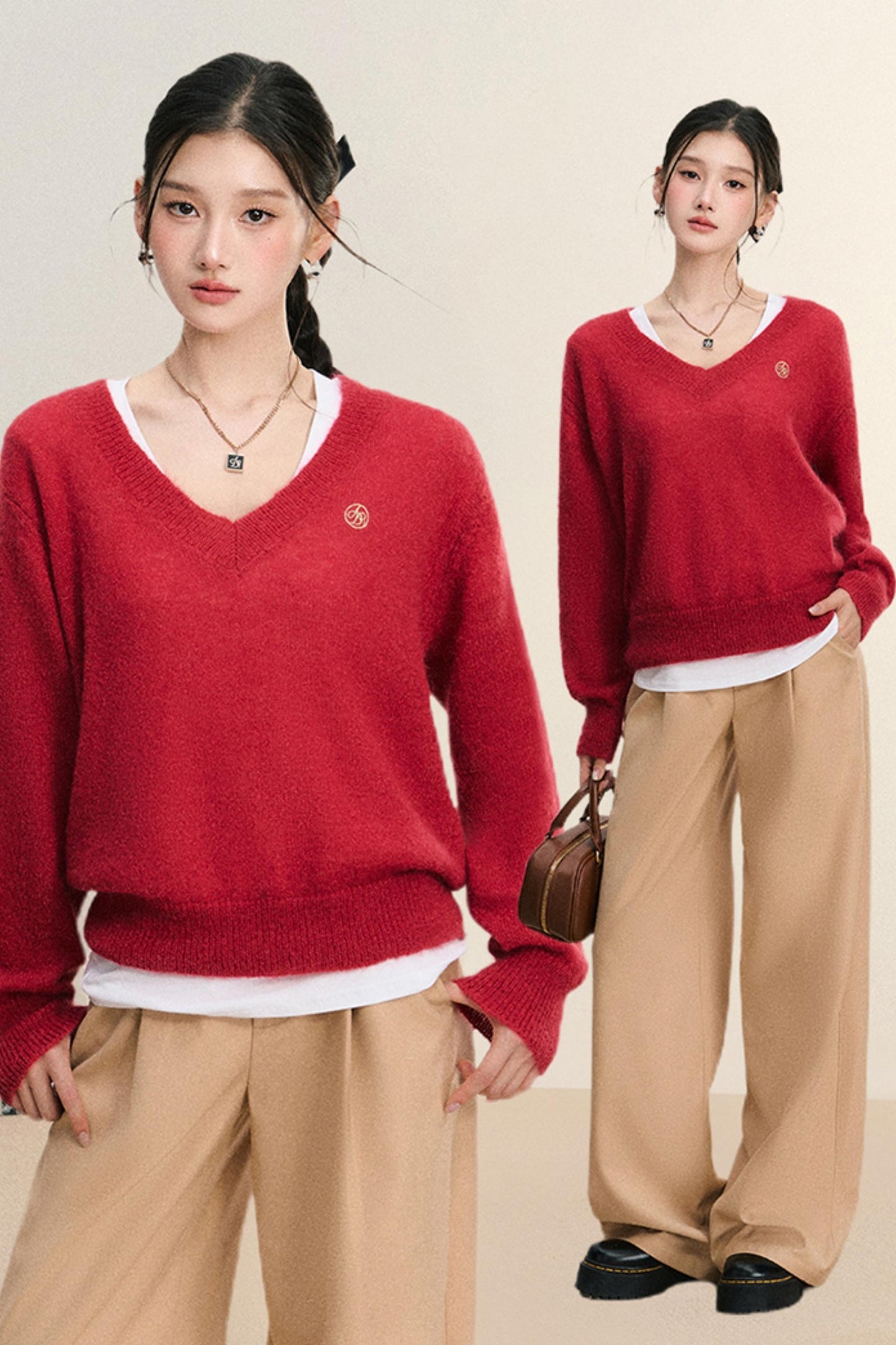 Autumn V-Neck Solid Color Sweater