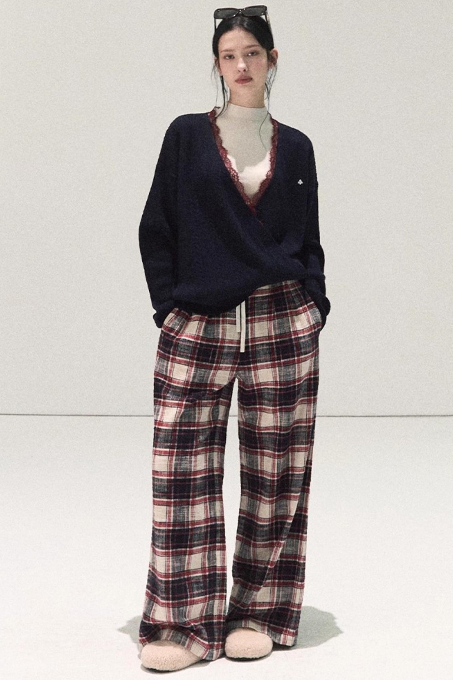 Pure Cotton Plaid Wide-Leg Pants