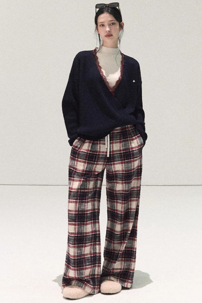 Pure Cotton Plaid Wide-Leg Pants