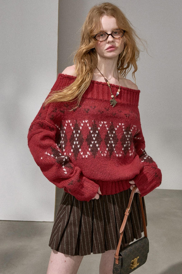 Thick Knit Argyle Off-Shoulder Sweater