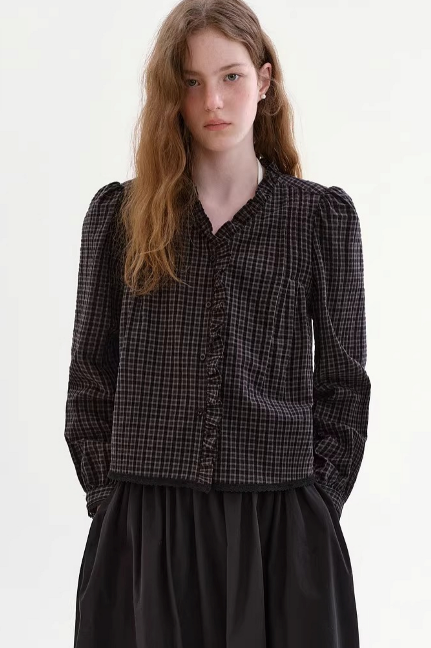 레트로 레이스 체크 블라우스