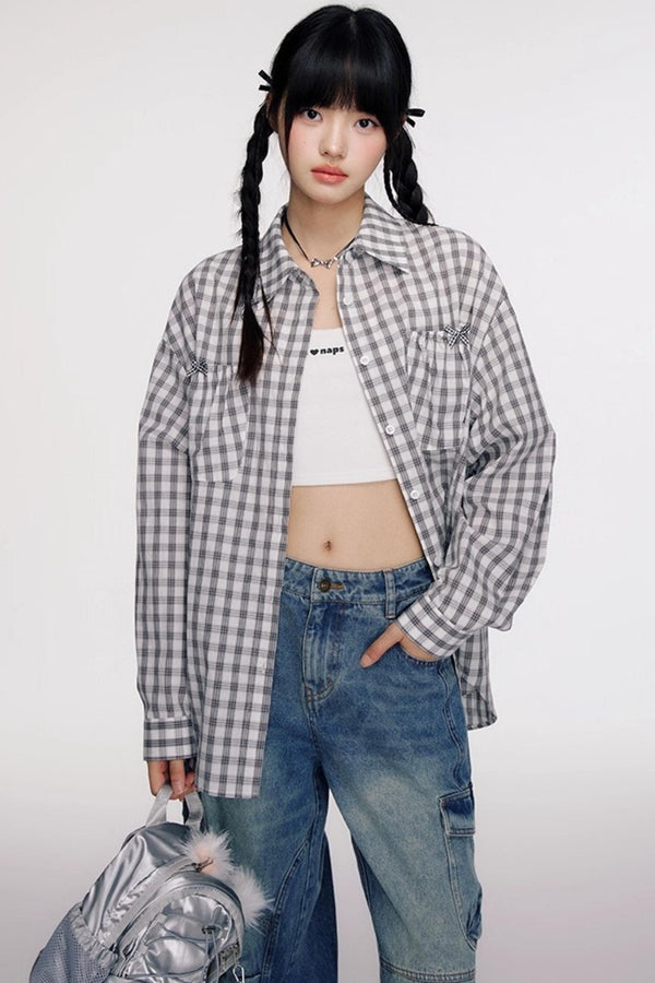 Vintage Bow Pocket Long-sleeved Shirt