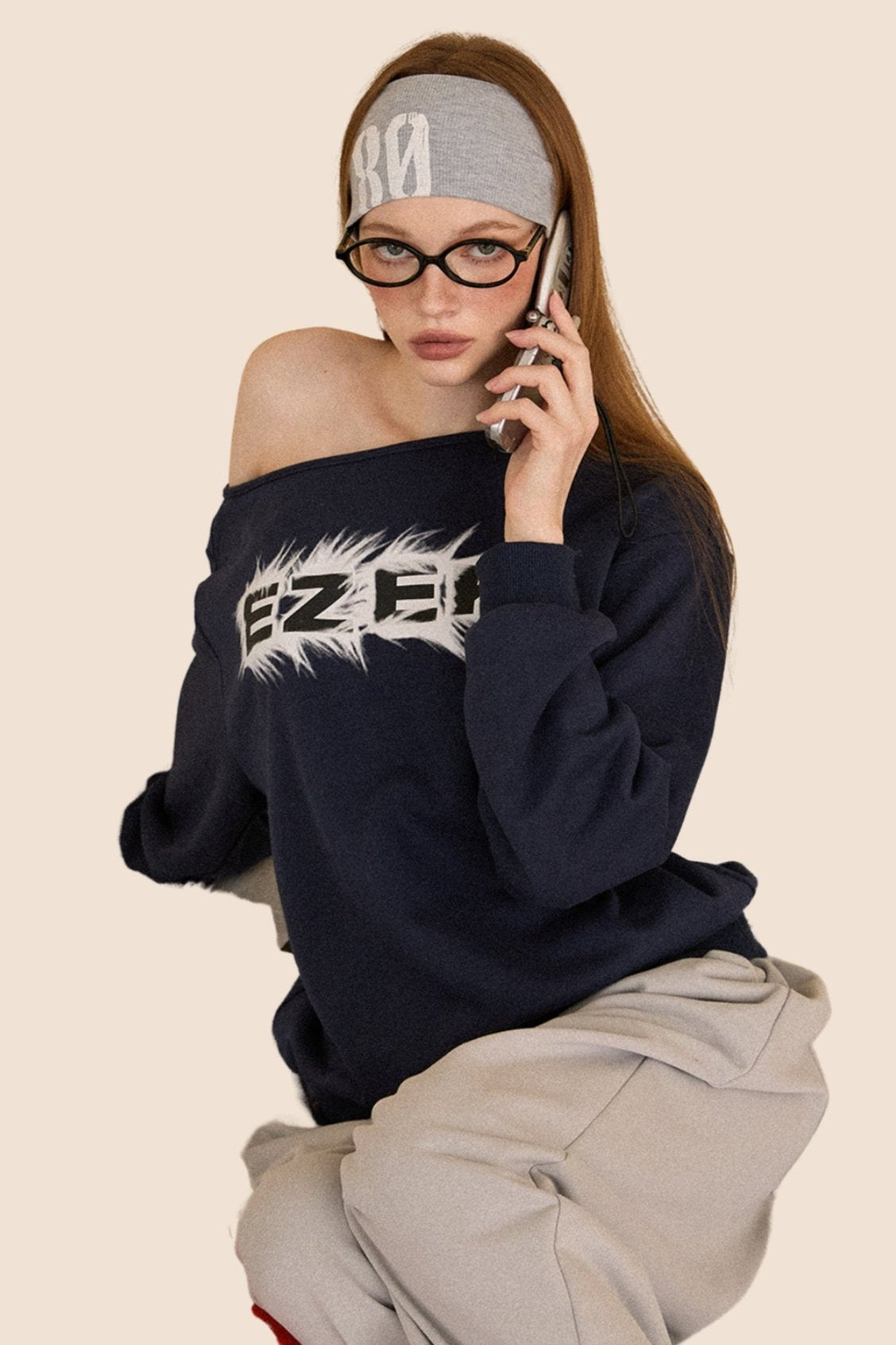 Retro Navy Slanted Shoulder Sweatshirt