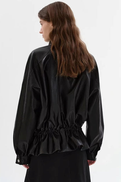 Black Leather Drawstring Jacket
