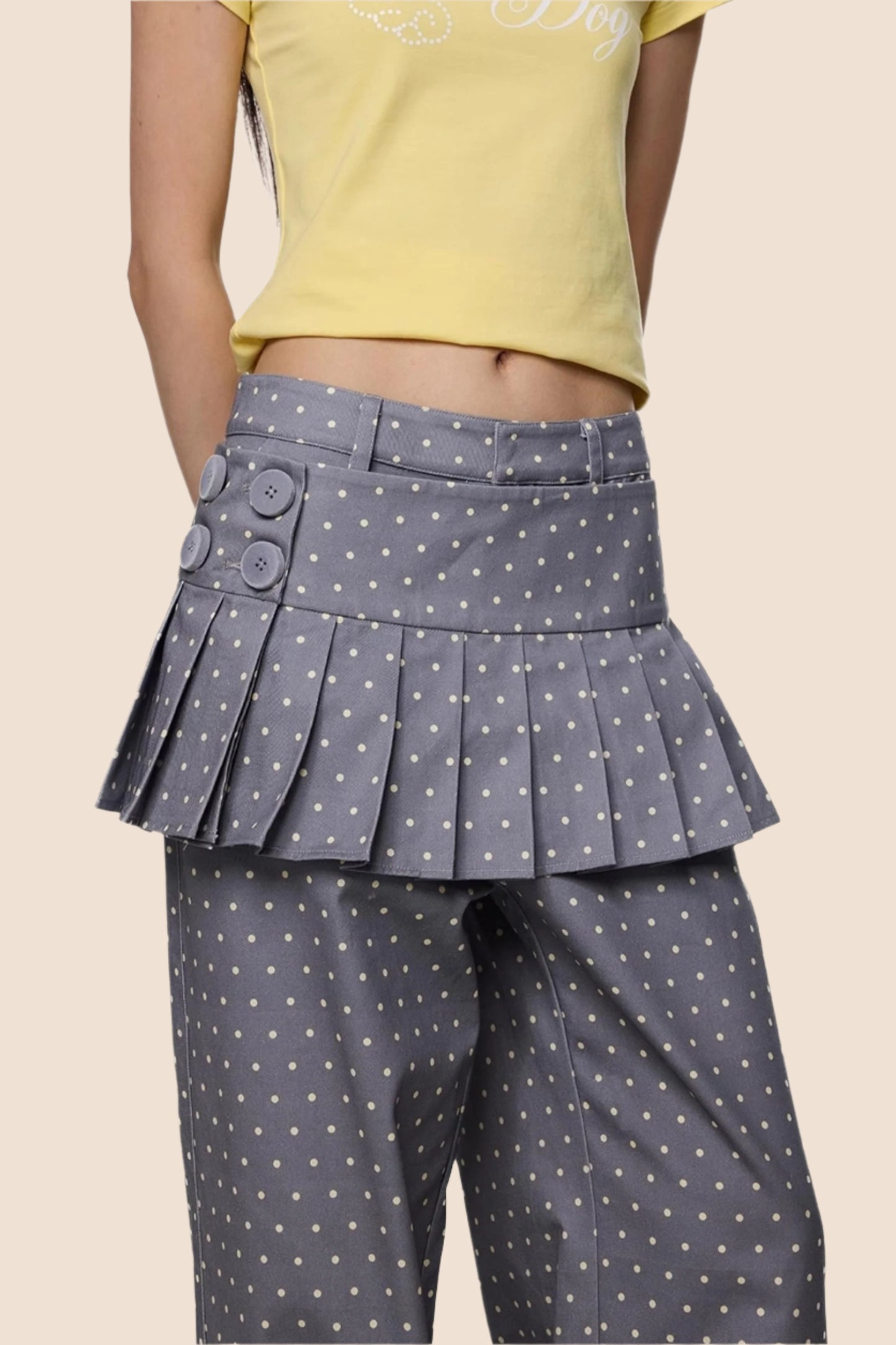 Gray And Yellow Polka Dots Pleated Skirt-Pants Set