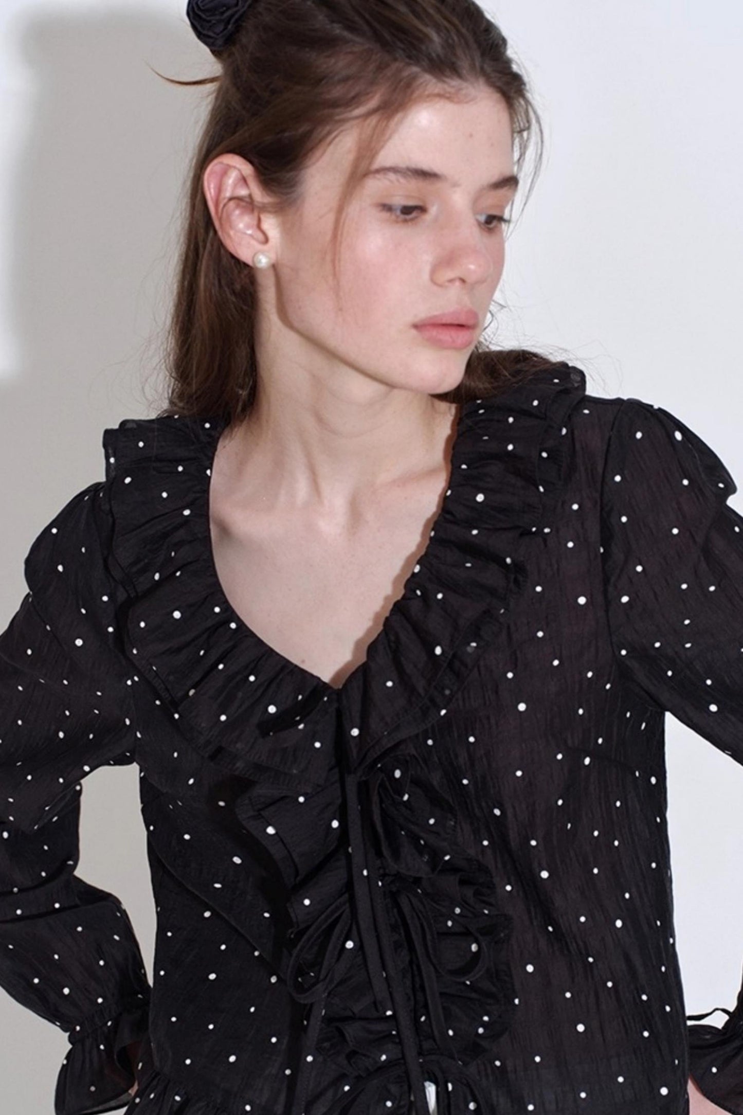 Romantic Ruffled Polka Dot V-Neck Blouse