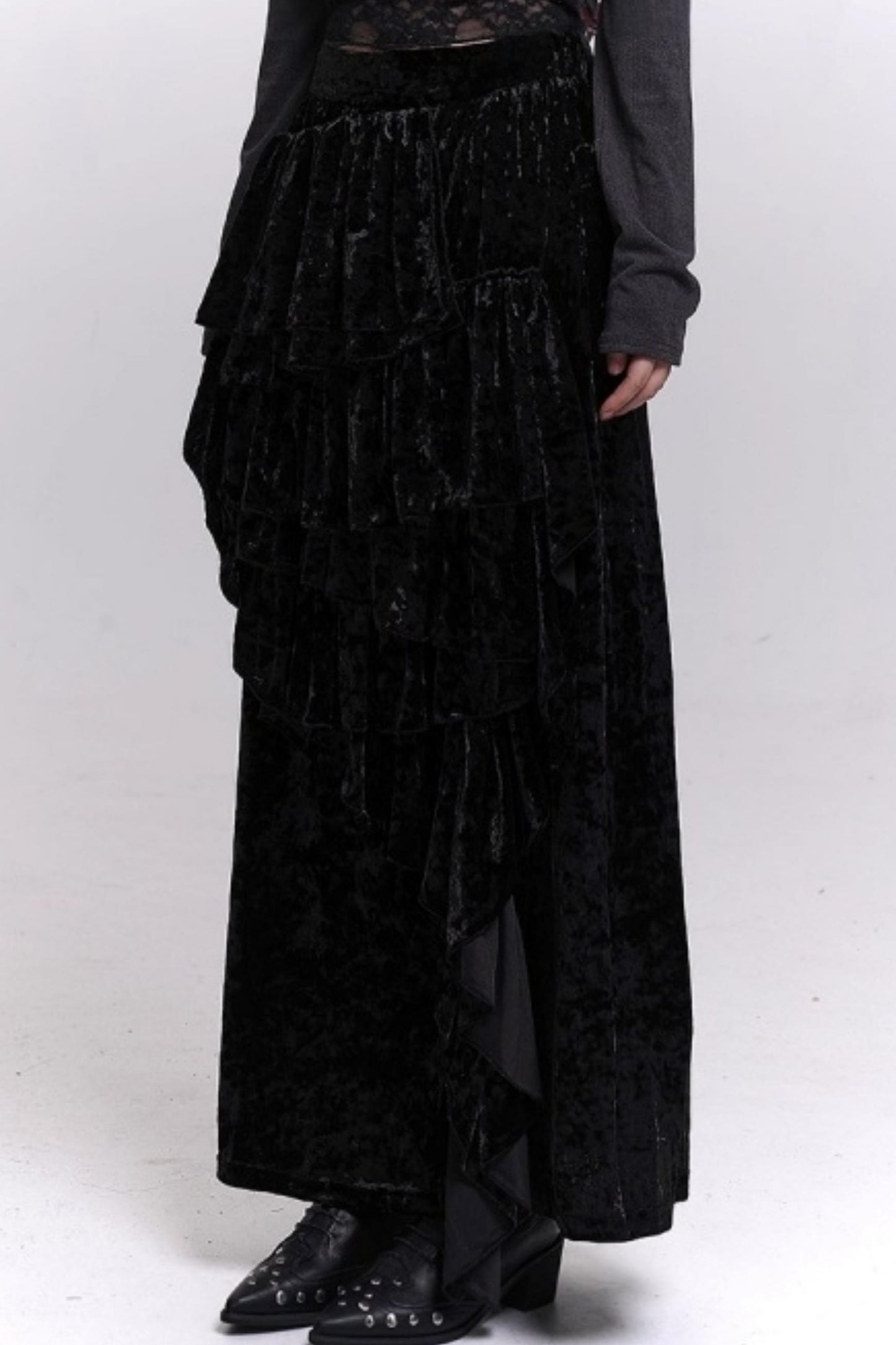Velvet Irregular Hem Long Skirt