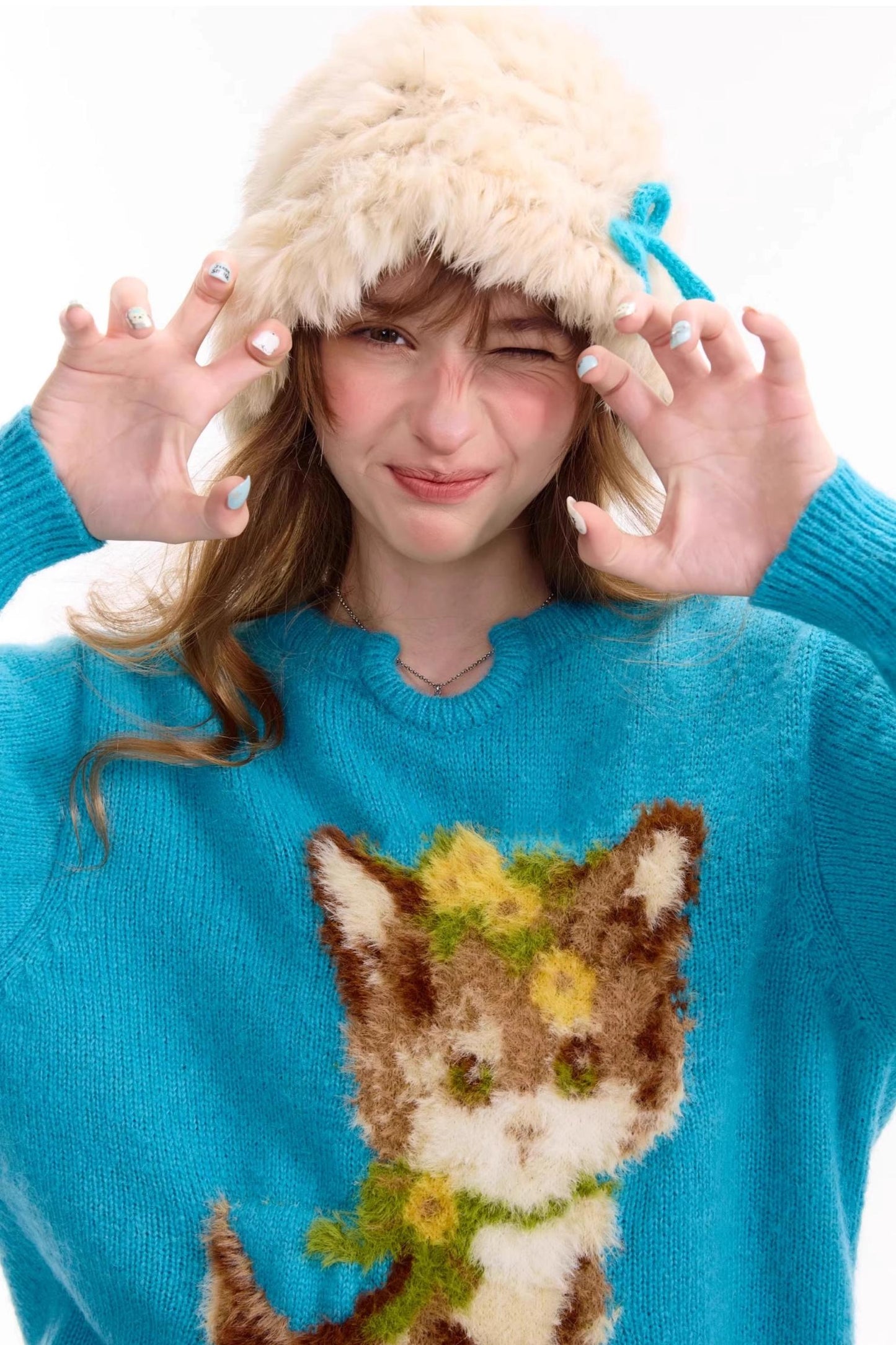 Cat Pattern Blue U Neck Sweater