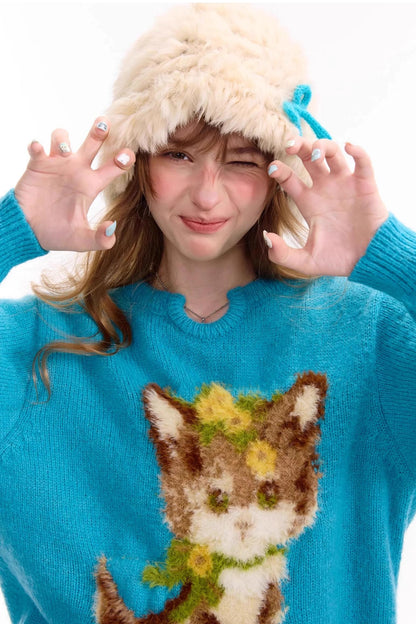 Cat Pattern Blue U Neck Sweater