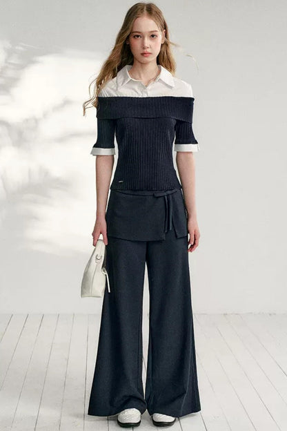 Color-Block Shirt Collar Knit Set-Up