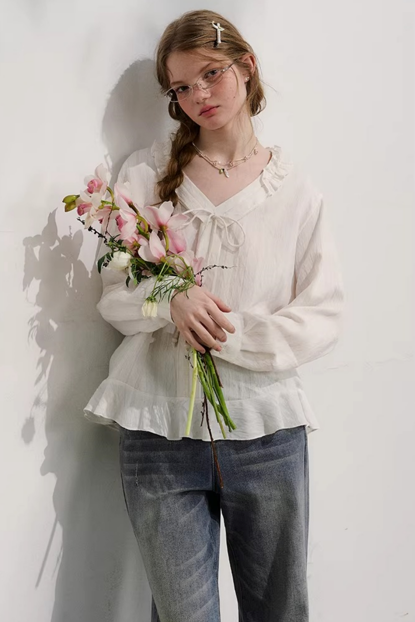 Striped Lace Sleeve Blouse