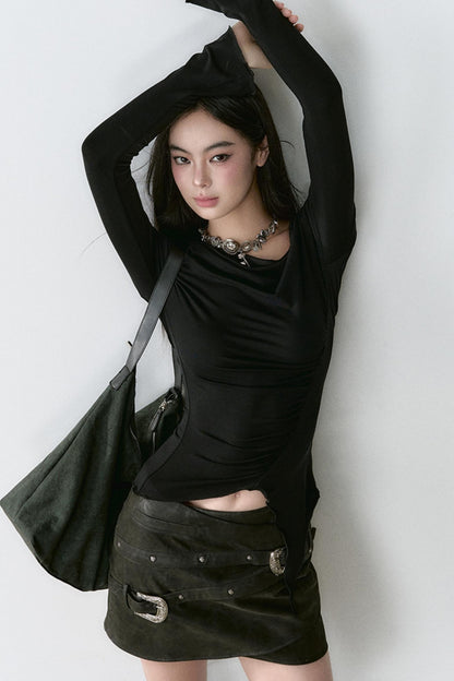 Slanted Shoulder Irregular Long Sleeve Top