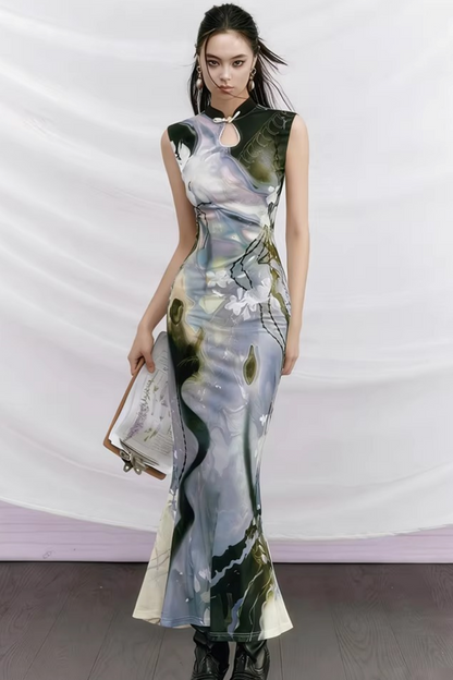 Black Rose Impressionist Cheongsam Dress