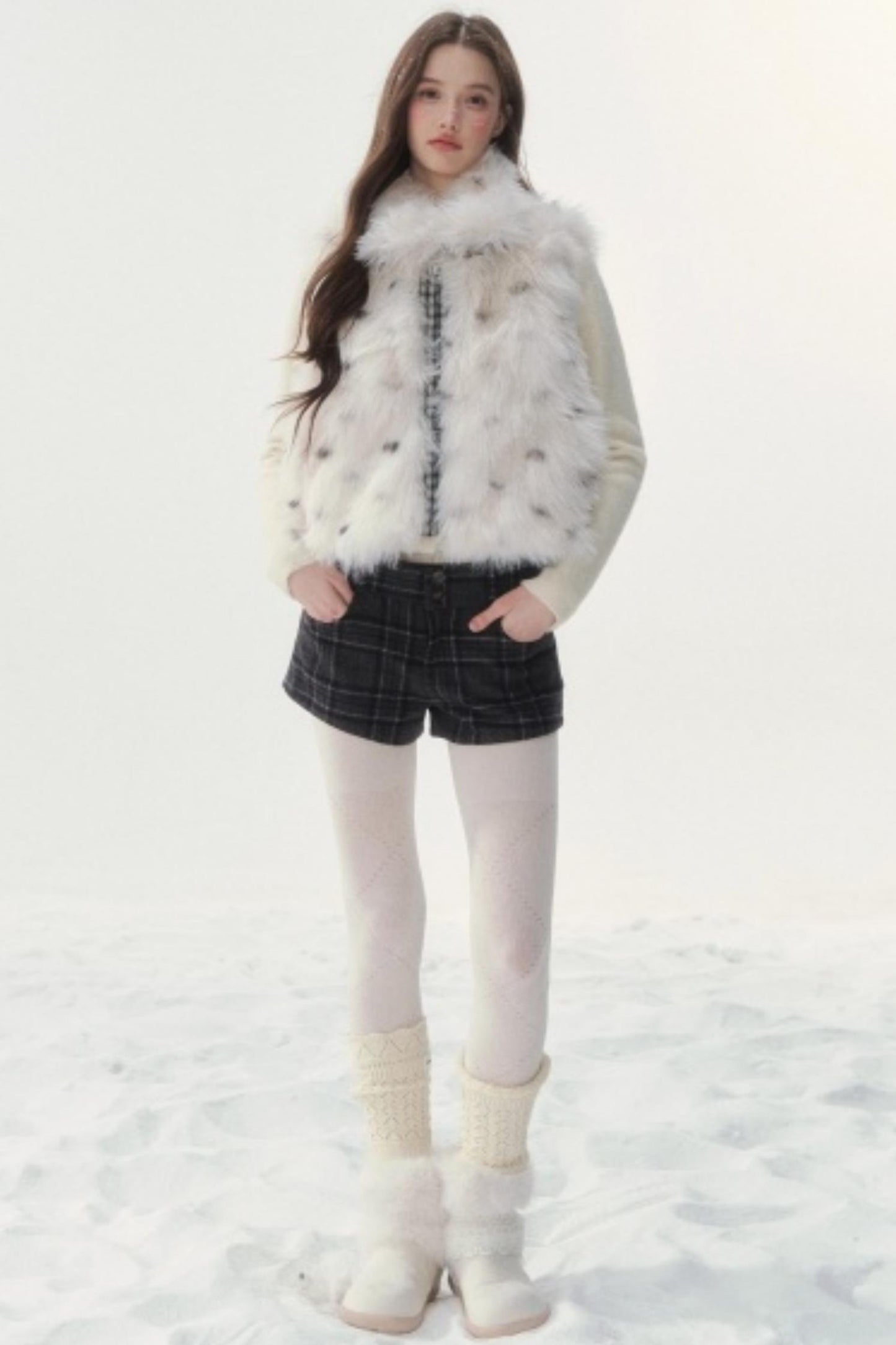 Polka Dot Plaid Fur Coat